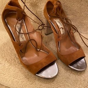 Jimmy Choo 39 Tan Open Toe Lace Up Sandals